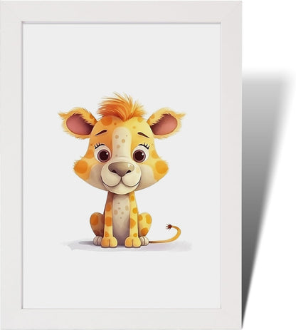Framed safari animal nursery prints featuring a cute cartoon lion with playful expression