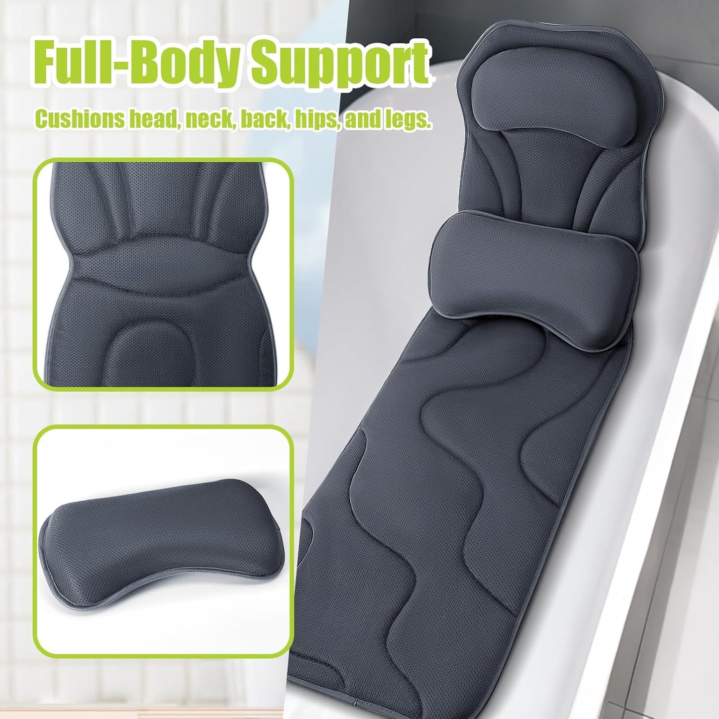 Full body bath pillow for tub with supportive design for head, neck, back, hips, and legs