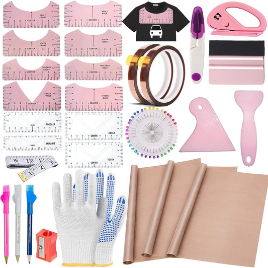 Comprehensive sublimation shirt tool kit with templates, tools and accessories for crafting shirts