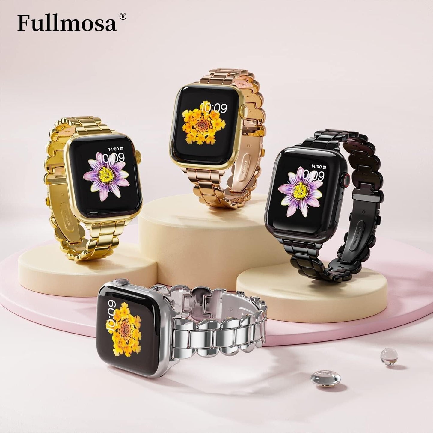 Four stylish Apple Watch straps in gold, silver, and black stainless steel for versatile looks