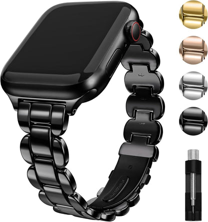 Black stainless steel Apple Watch strap with a sleek design and adjustable links for a perfect fit