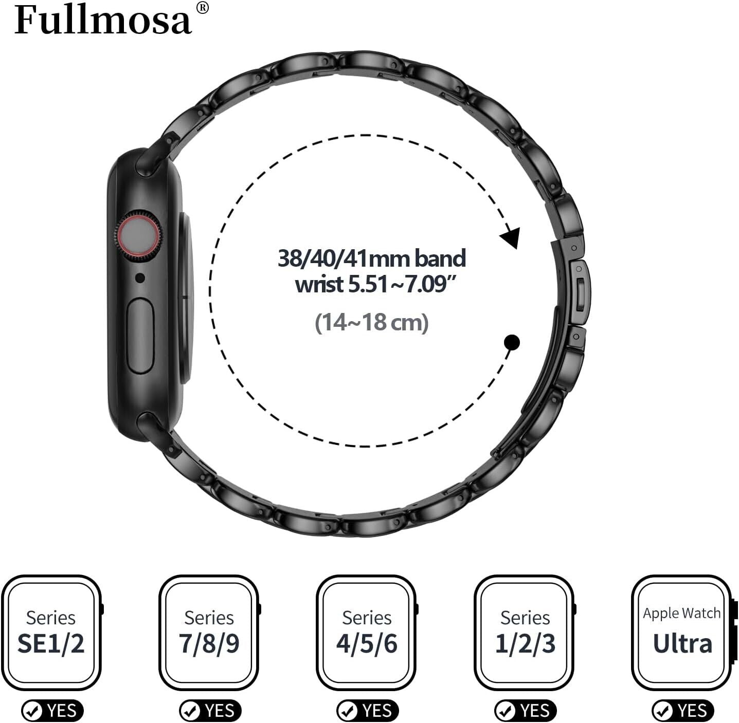 Black stainless steel Apple Watch strap suitable for 38-41mm wrist sizes, ideal for stylish wear