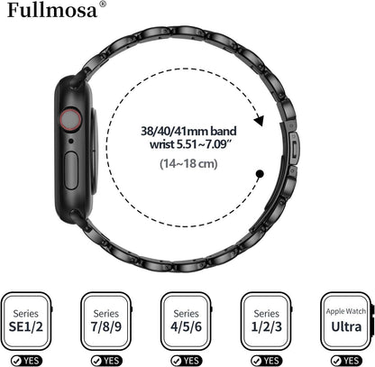 Black stainless steel Apple Watch strap suitable for 38-41mm wrist sizes, ideal for stylish wear