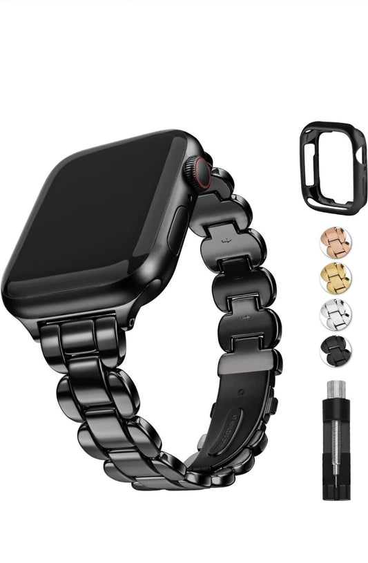 Stylish metal Apple Watch strap 38mm in black with interchangeable connectors and adjustment tool