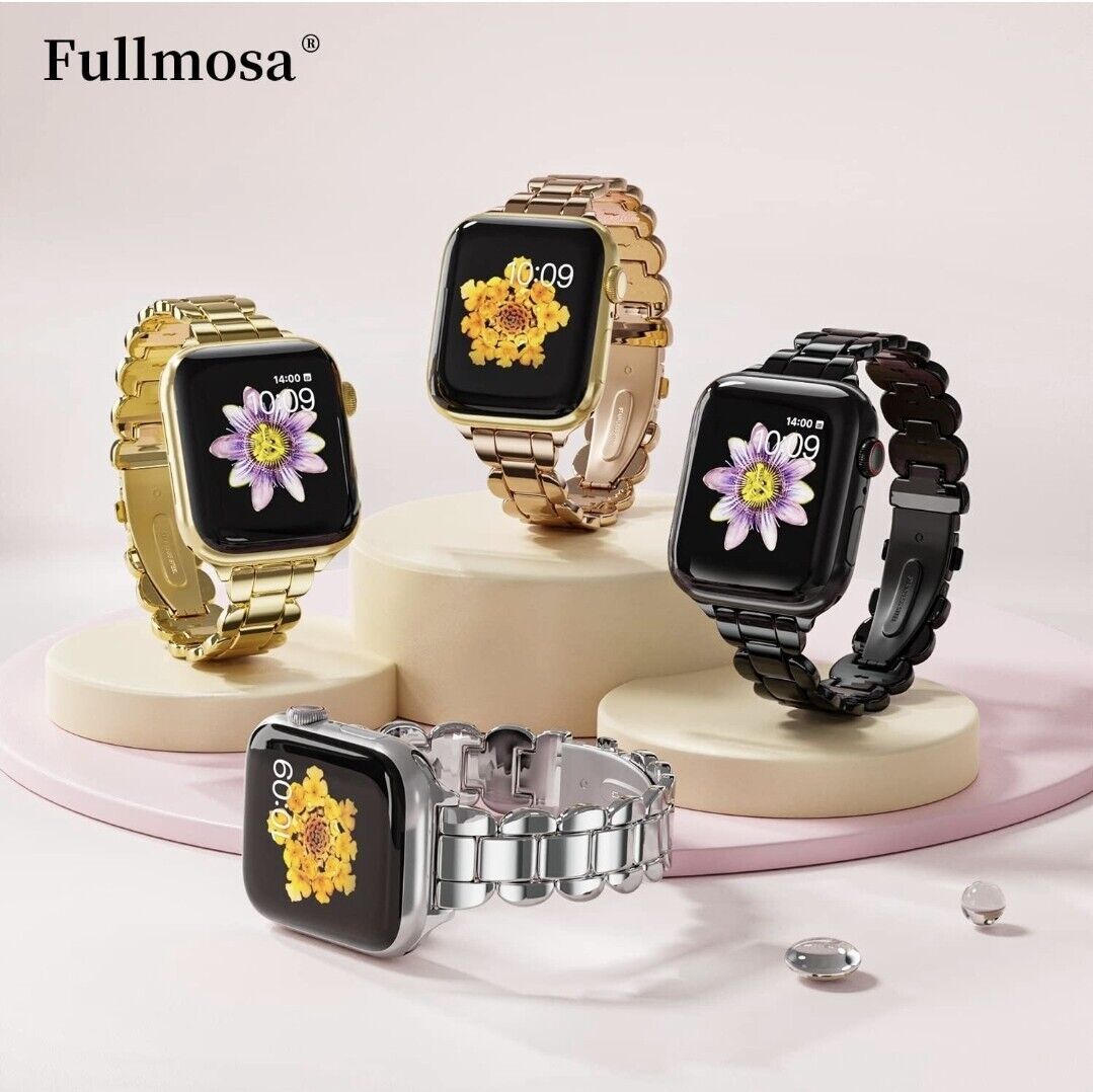 Metal Apple Watch strap 38mm in gold, silver and black options displayed on elegant pedestals