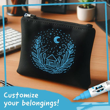 Black pouch featuring blue metallic paint markers illustration for personalised storage solutions