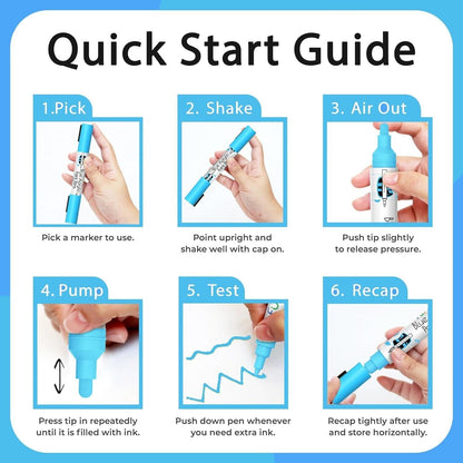 Quick Start Guide for blue metallic paint markers showing steps for use and refilling