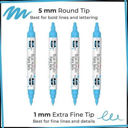 Set of four blue metallic paint markers with various tip sizes for artistic projects