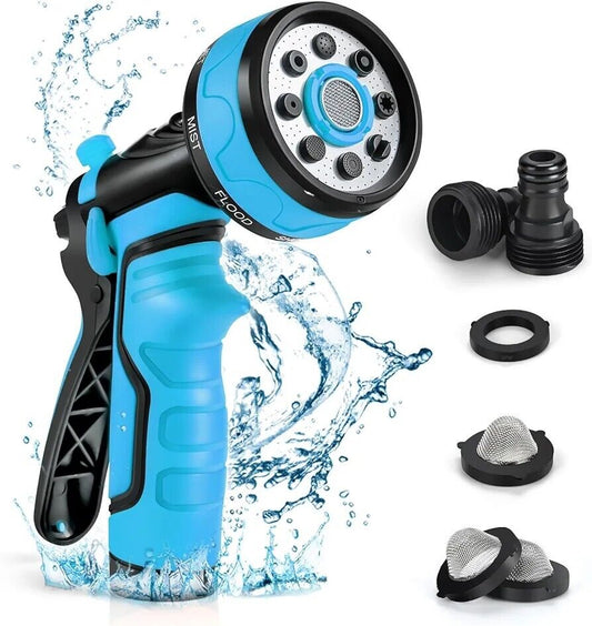 Blue hose pipe spray gun for garden with multiple spray settings and water splash background