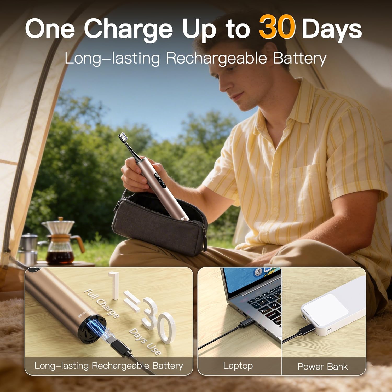 Sonic toothbrush with long-lasting rechargeable battery, ideal for everyday use and travel convenience