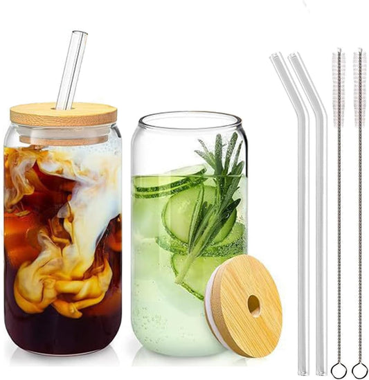 Stylish SFHKZCM glass tumblers with lids and straws, featuring a bamboo lid and reusable straws