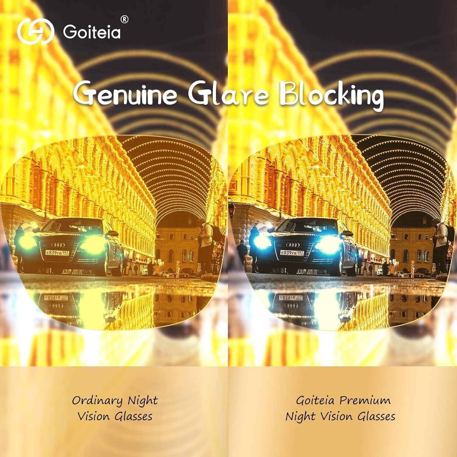 Goiteia night driving glasses for glare reduction with genuine glare blocking feature illustrated in comparison