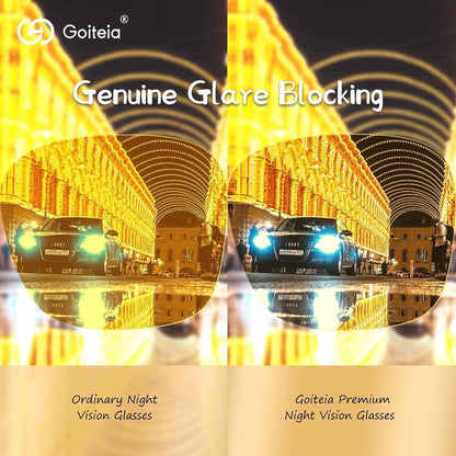 Goiteia night driving glasses for glare reduction with genuine glare blocking feature illustrated in comparison