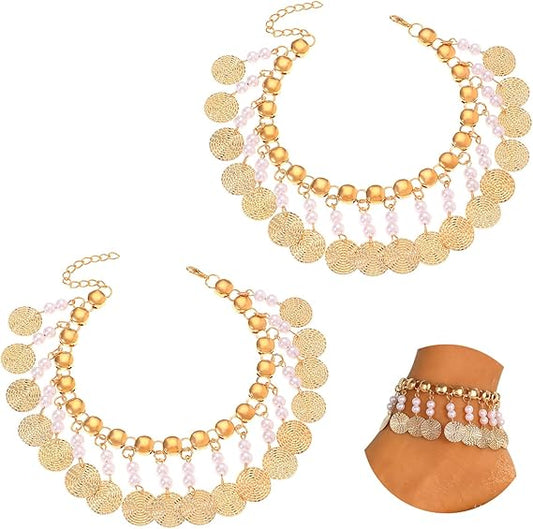 Set of gold ankle bracelets for women with decorative beads and charm details for elegant styling
