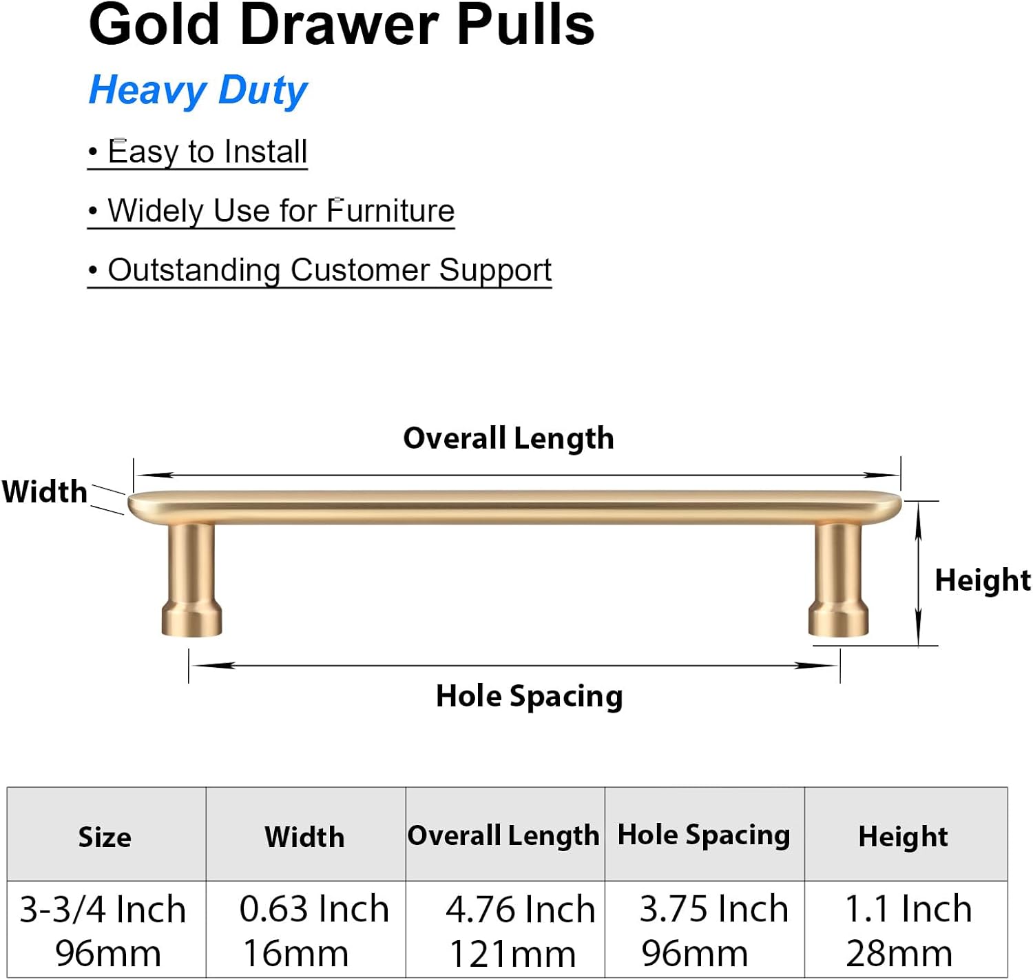 Aititan gold cabinet handles 96mm suitable for easy installation on furniture