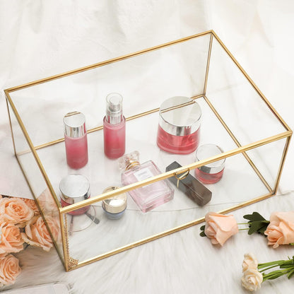 Homtone gold glass terrarium box displaying various beauty products and accessories elegantly arranged