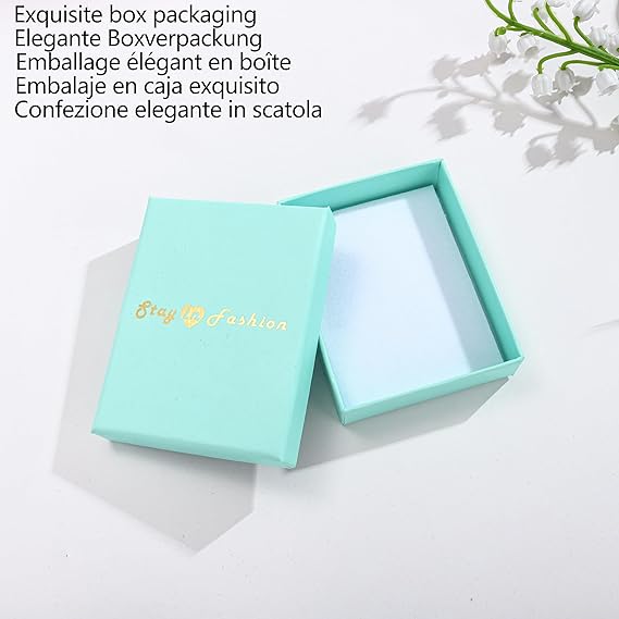 Elegant packaging for gold heart earrings for women, featuring a stylish mint box design
