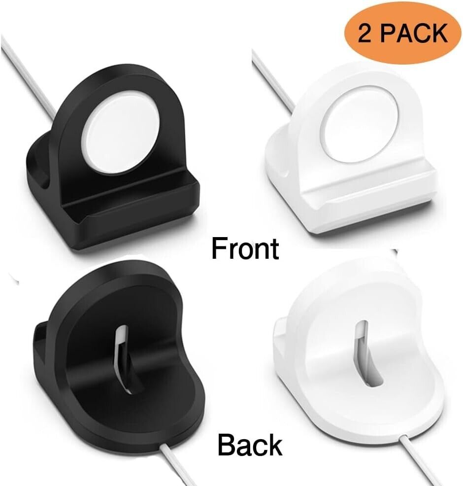 Google Pixel Watch stand in black and white, front and back views, included in a convenient 2 pack