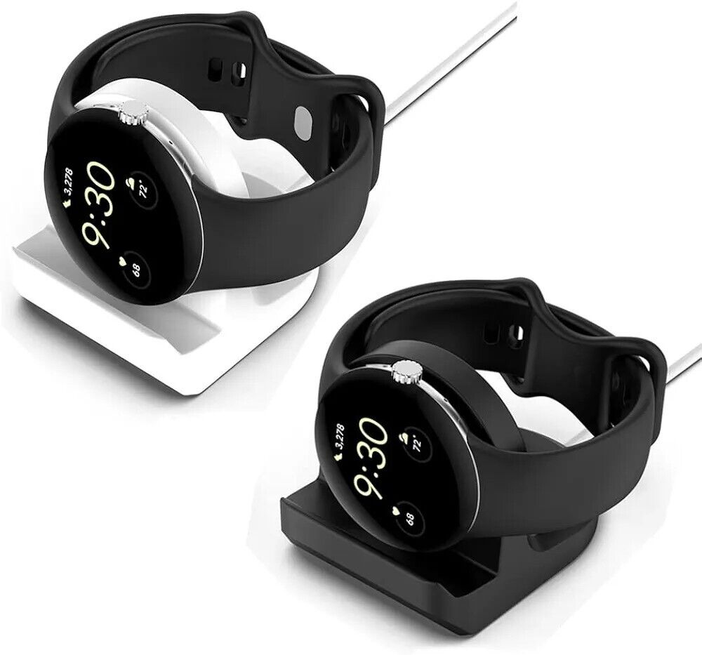 Stylish Google Pixel Watch stand in white and black, designed for convenient charging and display