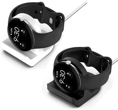 Stylish Google Pixel Watch stand in white and black, designed for convenient charging and display