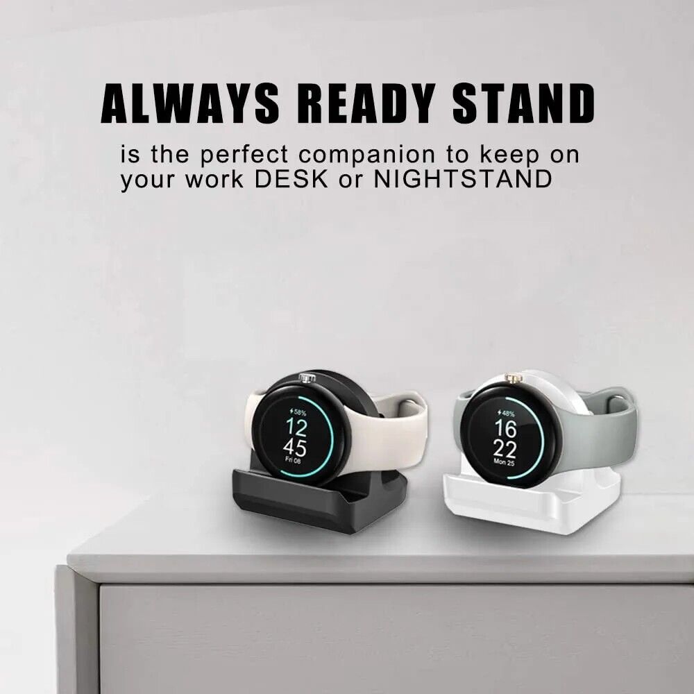 Google Pixel Watch stand displaying black and white options on a desk for convenient charging