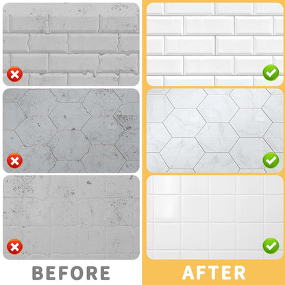 Before and after images showing tile transformation using a grout pen for tile repair