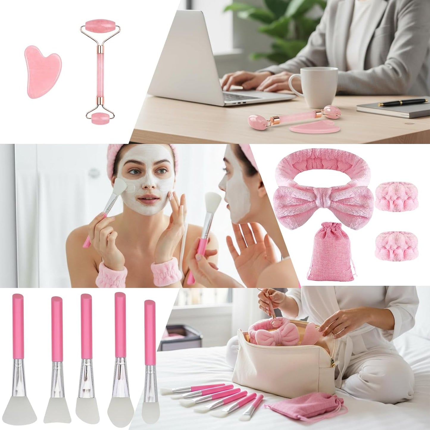 Complete beauty set including gua sha tools, brushes, and accessories for skincare routines