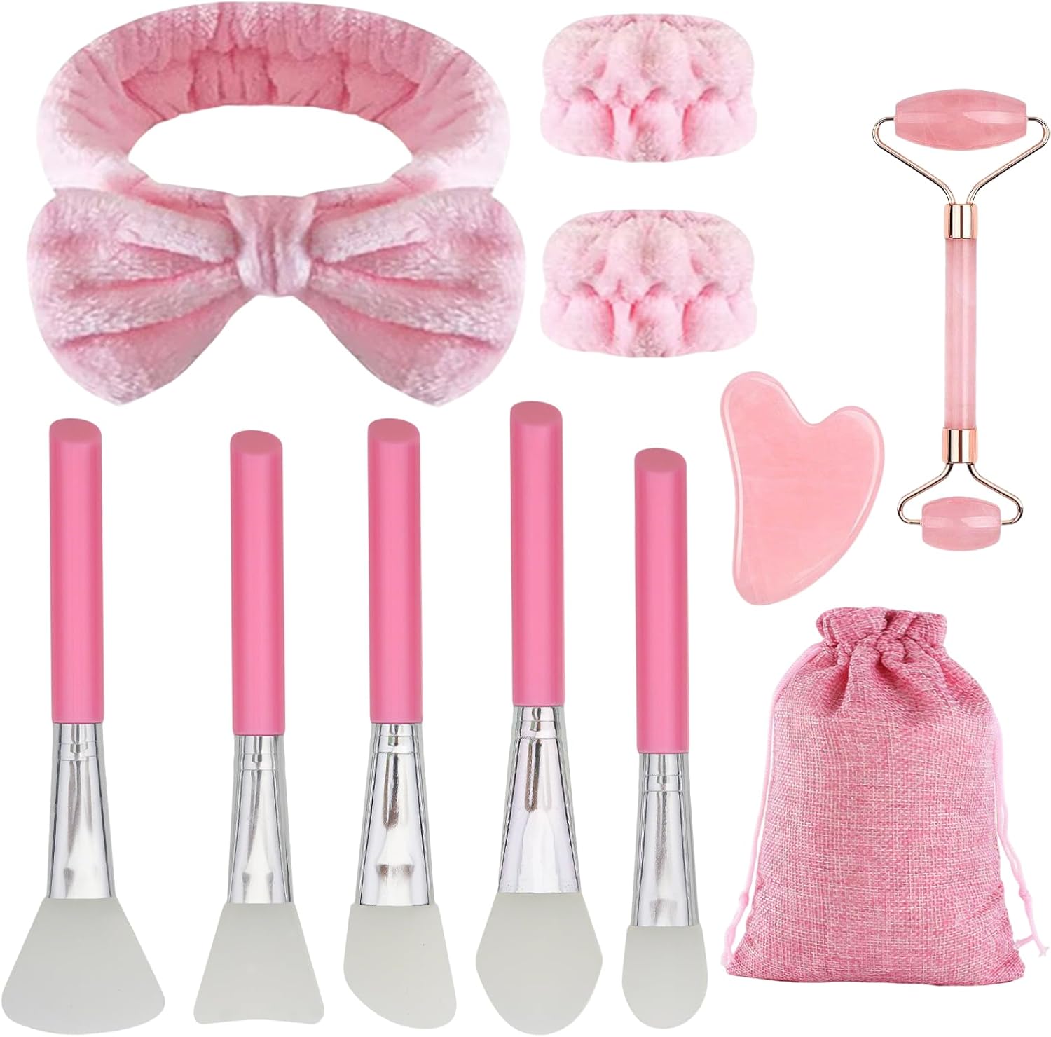 Gkhlg Gua Sha Set with Pink Tools including Roller, Headband, and Applicators for Skincare