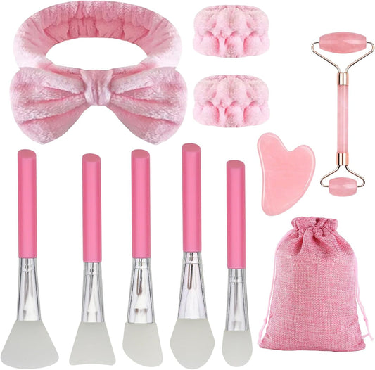 Gkhlg Gua Sha Set with Pink Tools including Roller, Headband, and Applicators for Skincare