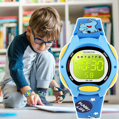GUUMUXIN kids waterproof digital watch in blue with playful design, ideal for active children