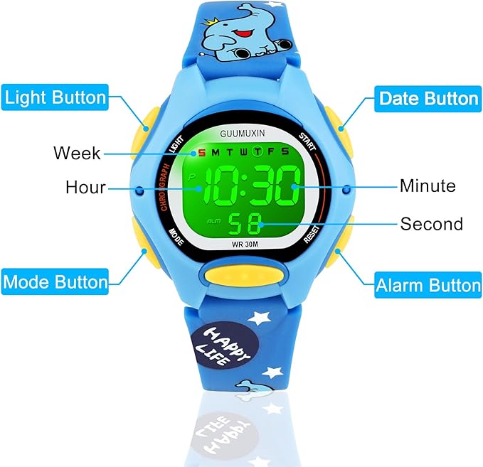 GUUMUXIN kids waterproof digital watch featuring a playful blue design and vibrant display for young users