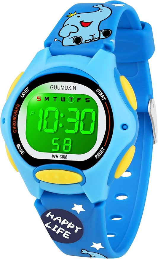GUUMUXIN kids waterproof digital watch in blue with fun cartoon design and bright display