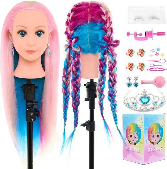 22 inch hairdressing training head with colourful hair and styling accessories for practice and creativity