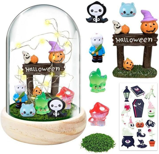 Halloween craft kit for kids with mini figures, decorations and LED lights for creative play
