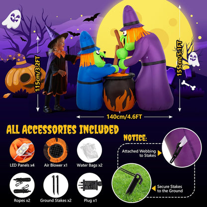 Halloween witch inflatable outdoor decoration featuring two witches brewing a cauldron in a spooky setting