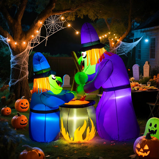 Halloween witch inflatable outdoor decoration featuring two witches brewing a potion under a spooky tree