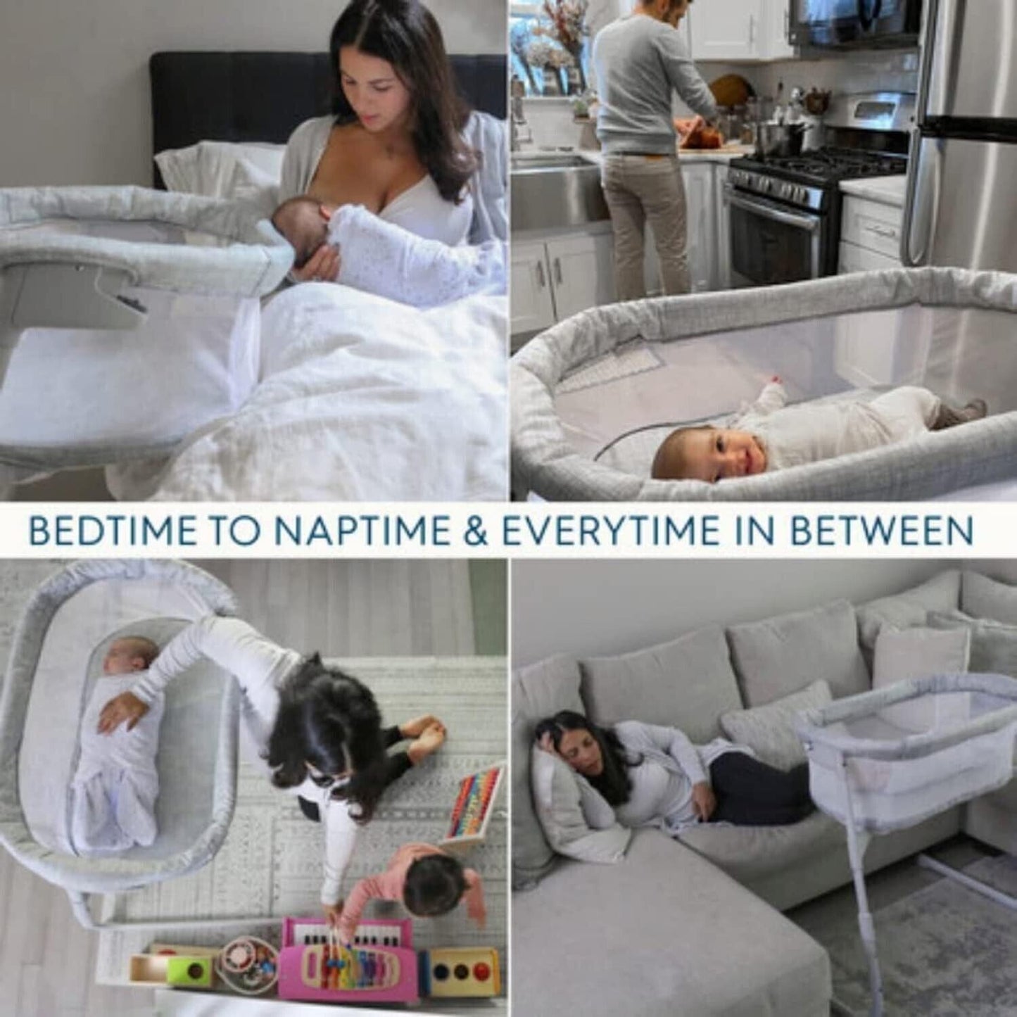 Halo baby bassinet sleeper in use for safe sleeping and naptime with mother and baby at home