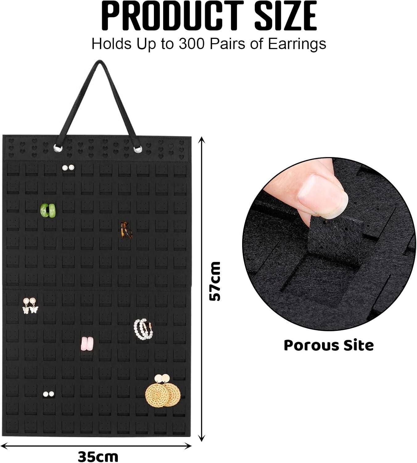 Hanging earrings holder displaying multiple pairs of earrings with a black fabric design