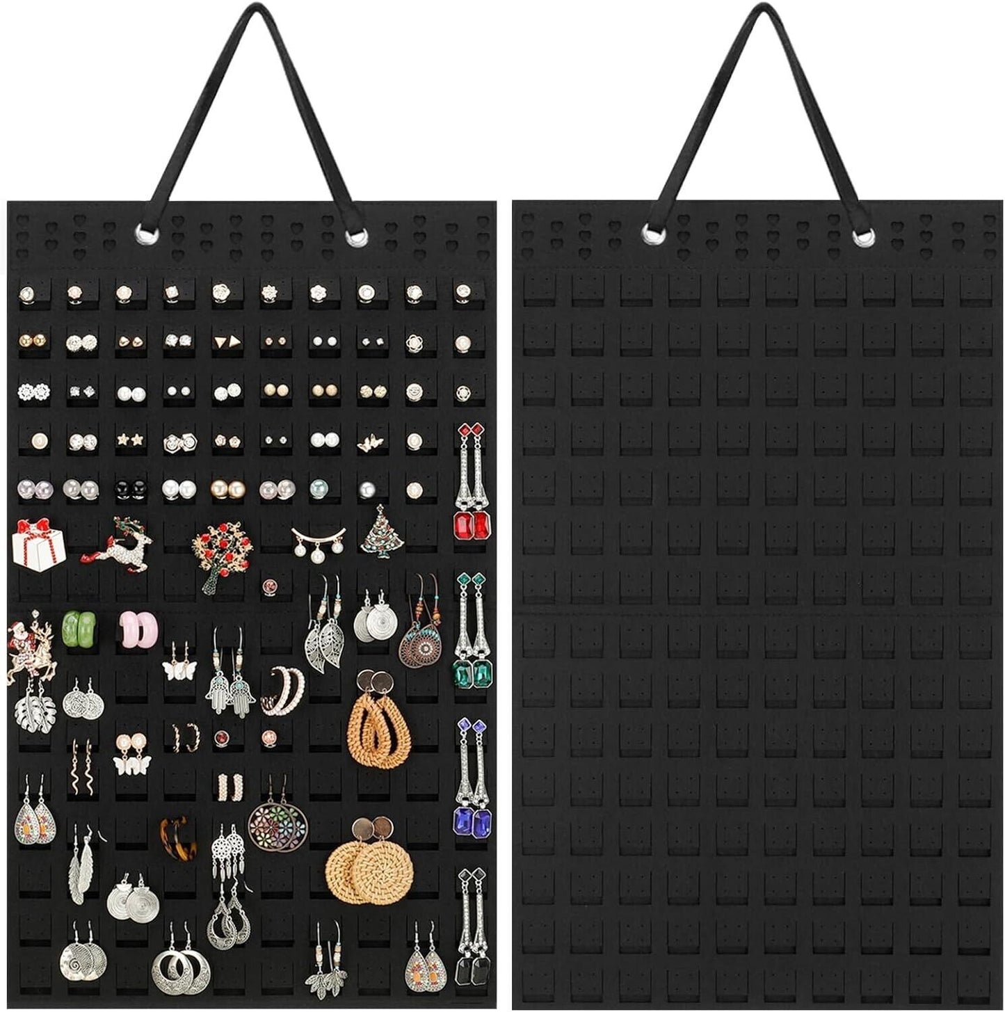 Hanging earrings holder in black fabric displaying various earrings for organised storage