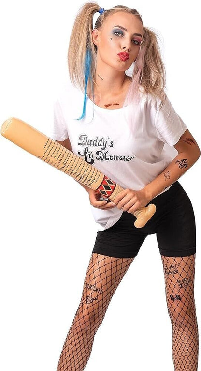 Harley Quinn Halloween costume set featuring a white shirt and black shorts, accessorised with a bat