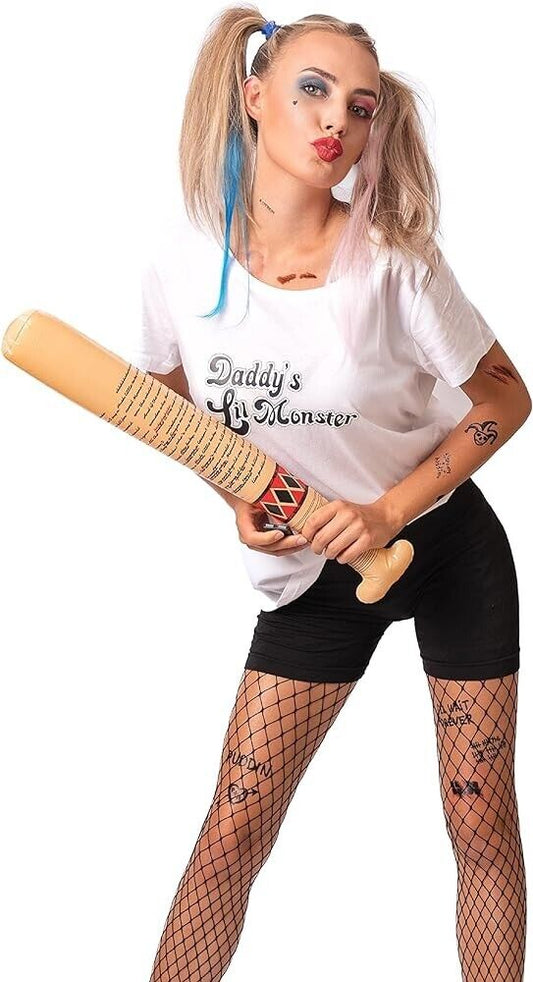 Harley Quinn Halloween costume set featuring a white shirt and black shorts, accessorised with a bat