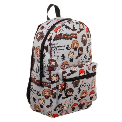Harry Potter chibi backpack featuring colorful character designs and a front pocket for everyday use