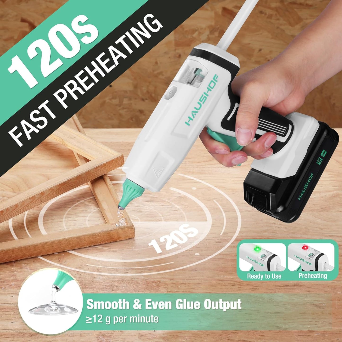 Haushof cordless hot glue gun rechargeable with a 120s fast preheating feature for smooth glue application