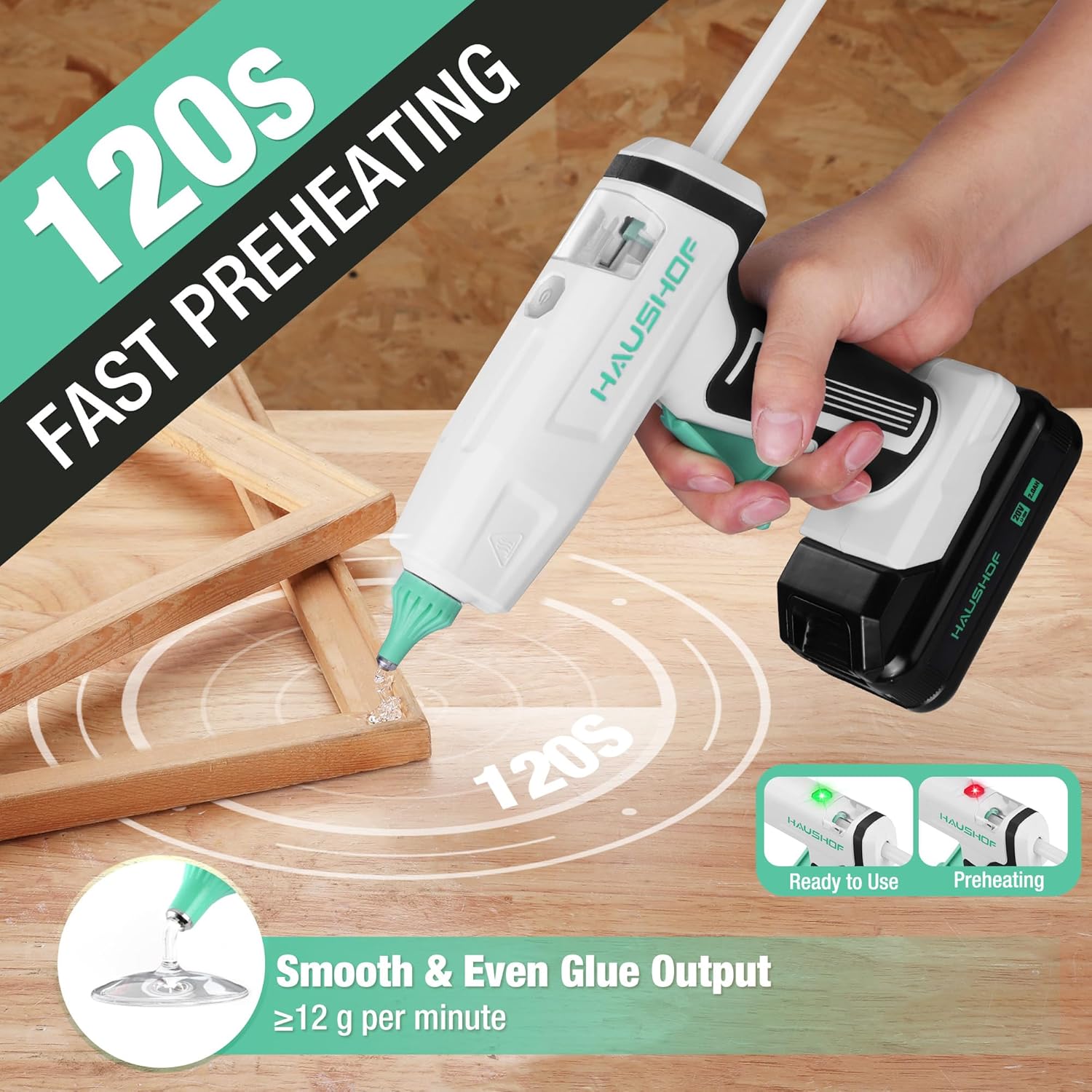Haushof cordless hot glue gun rechargeable with a 120s fast preheating feature for smooth glue application