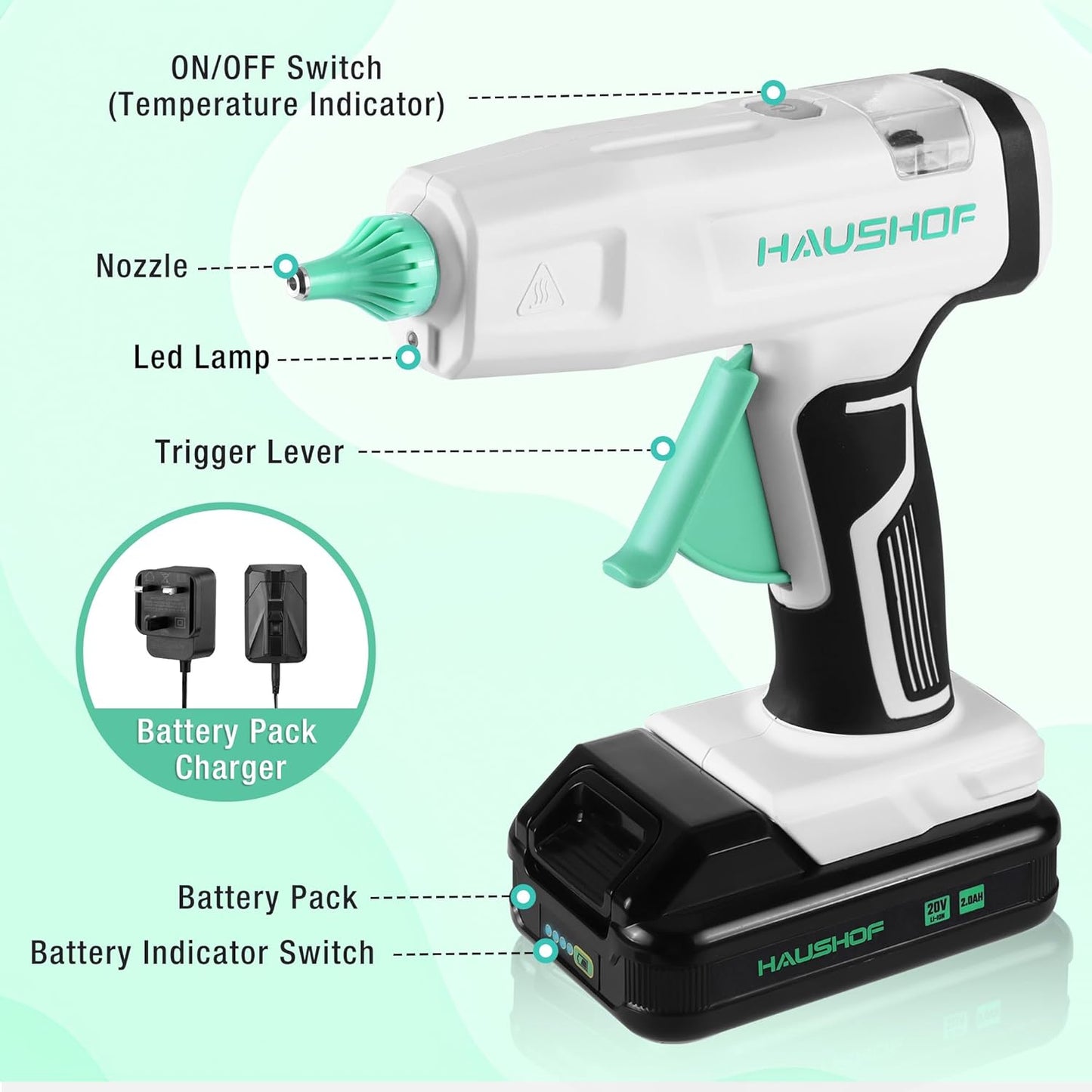 Haushof cordless hot glue gun rechargeable with battery pack and LED lamp for easy crafting