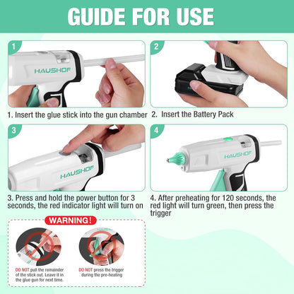 Haushof cordless hot glue gun rechargeable with user instructions for battery installation and operation