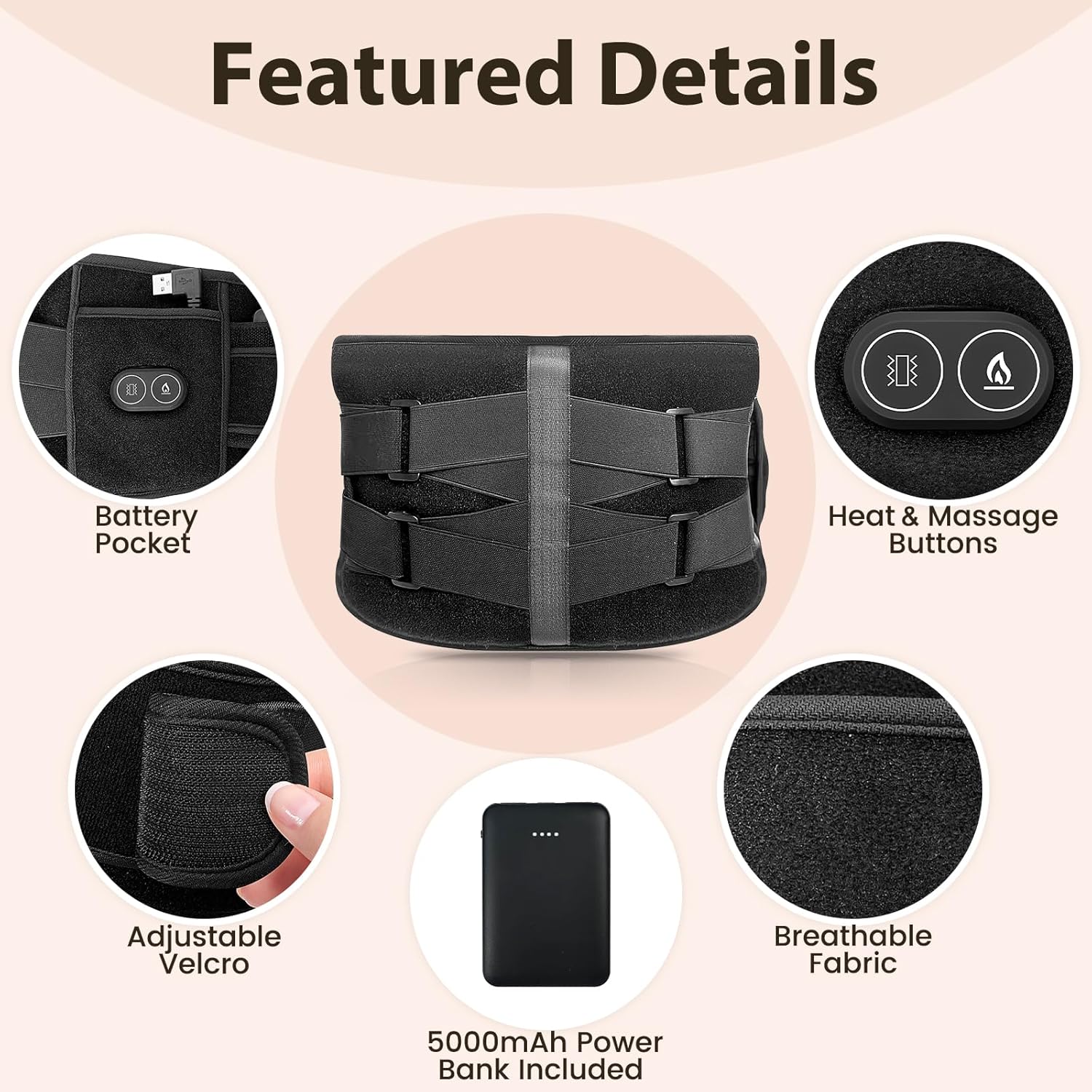 Aroma Season heated back massager belt with adjustable Velcro, heat buttons, and breathable fabric features