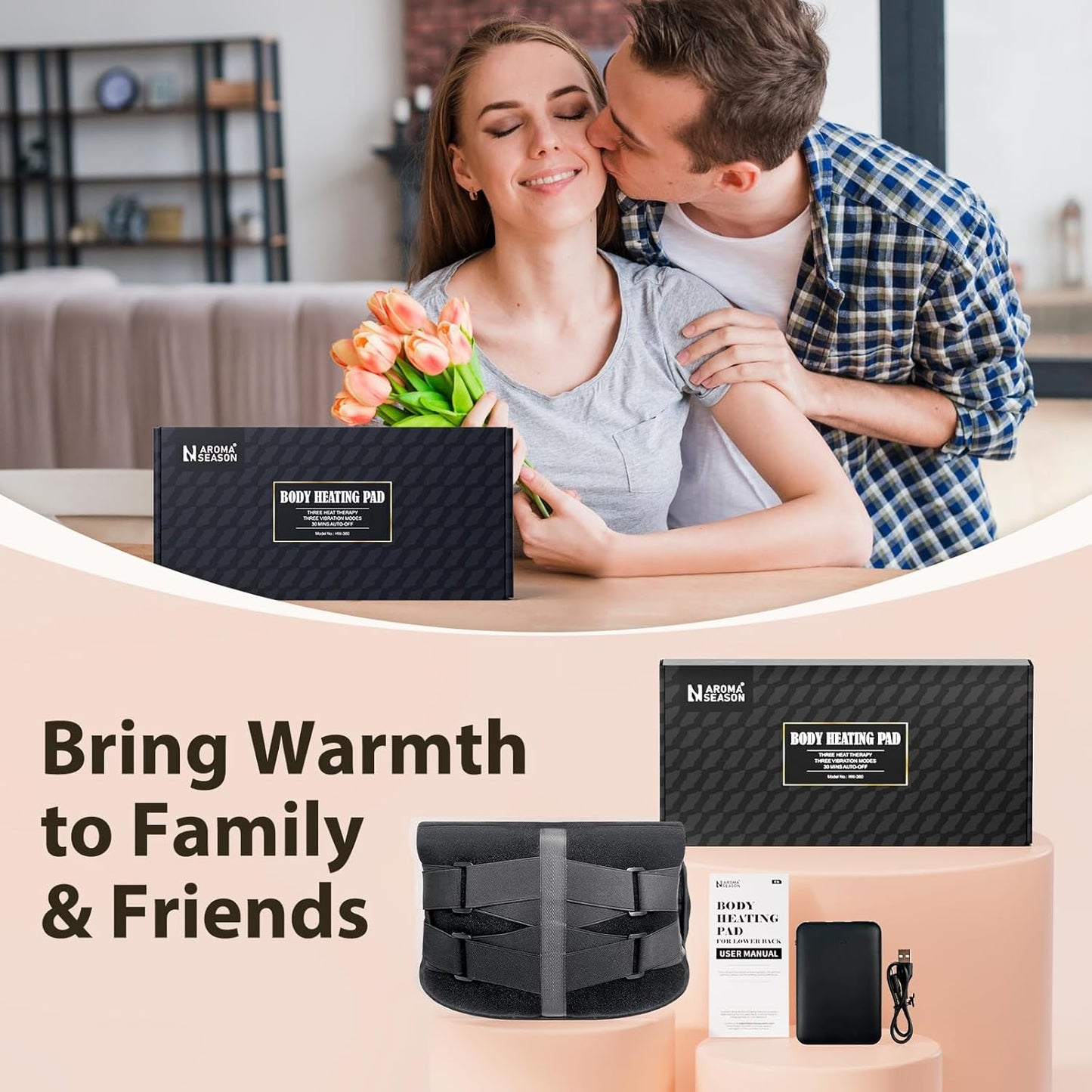 Aroma Season heated back massager belt displayed with a couple enjoying warmth and comfort together