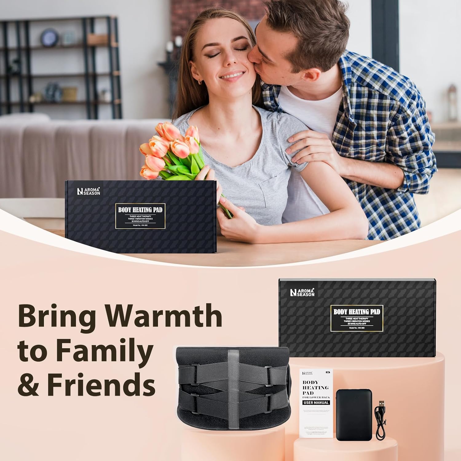 Aroma Season heated back massager belt displayed with a couple enjoying warmth and comfort together