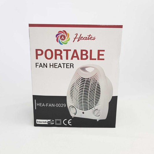 Portable Fan Heater 2000W box design featuring controls and specifications for home use